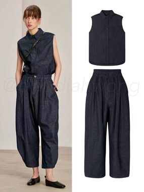 SOEUR Charlotte Sleeveless Shirt + Vernon Barrel Wide Leg Pants in Blue Black